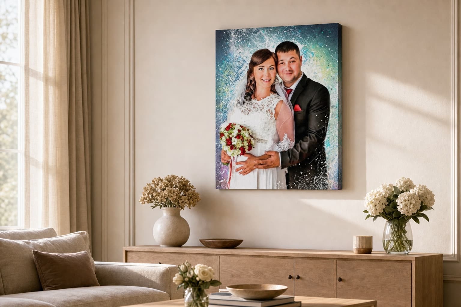 Wedding portrait in a warm living room